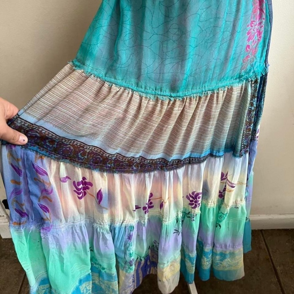 Bambu Womens Teal Purple Patchwork Tiered Boho Maxi Skirt Small - Picture 3 of 7